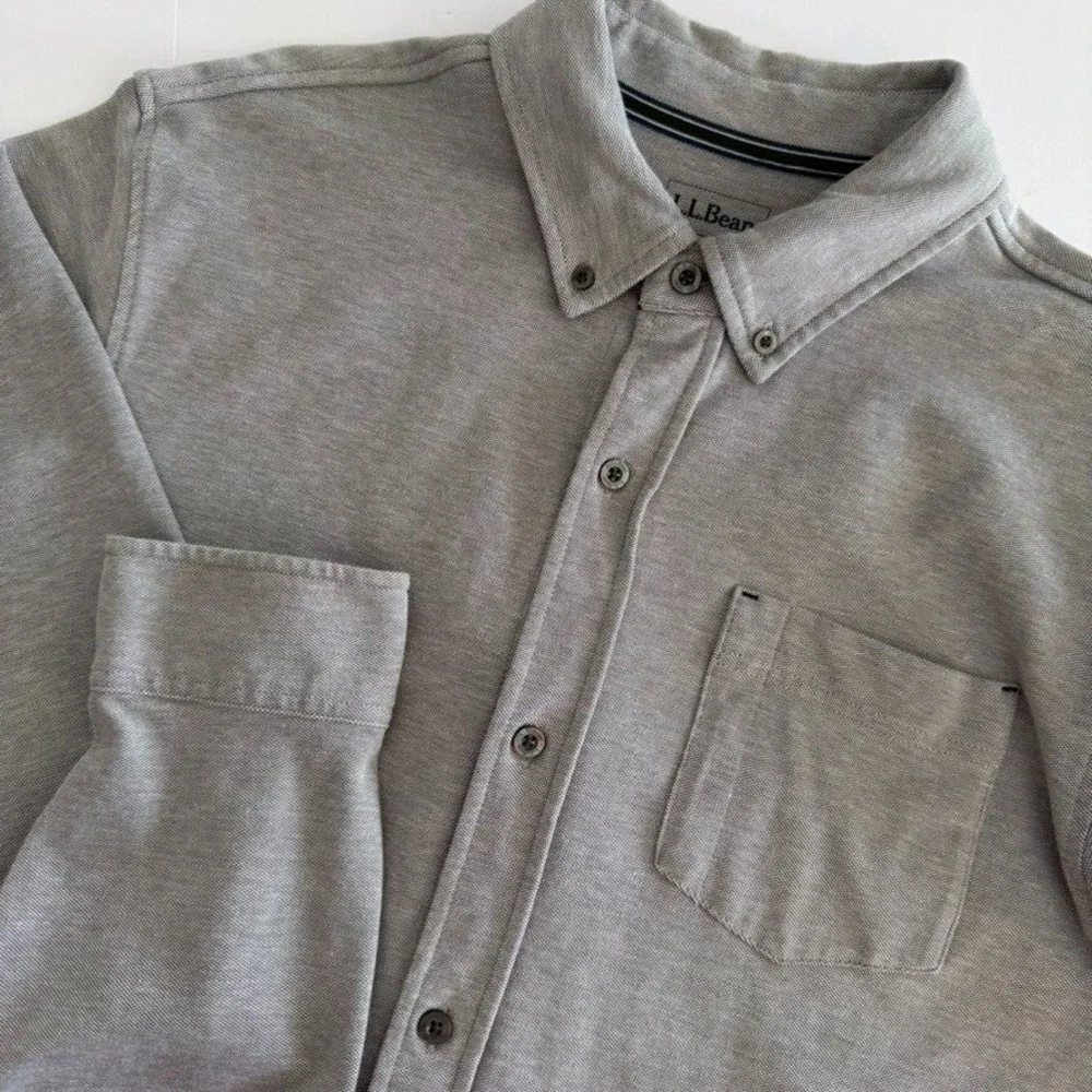 L.L.Bean Mens‎ Knit Long Sleeve Slightly Fitted Button Up Shirt - Sz L - Gray